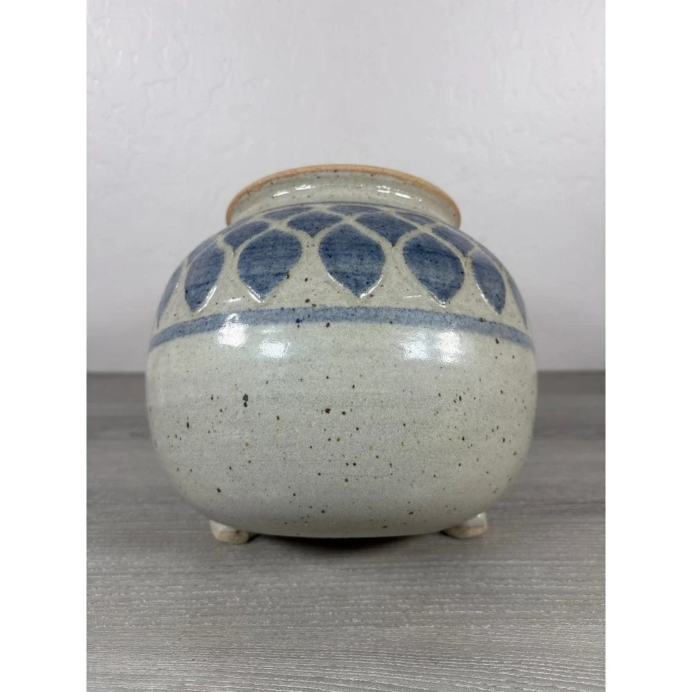 Studio Pottery Lidded Tilted Candy Jar Blue Stoneware Signed Artist Monogram